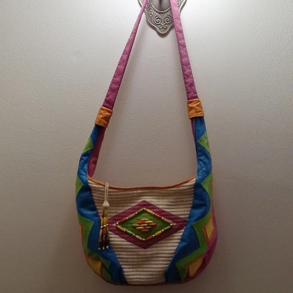 Sharif vintage pink green yellow orange cream leather woven western hobo bag - Picture 6 of 16